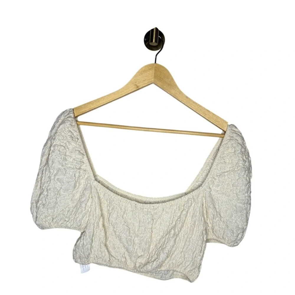 Zara Textured Smocked Crop Top Cream Puff Sleeve‎ Cottagecore Blouse S